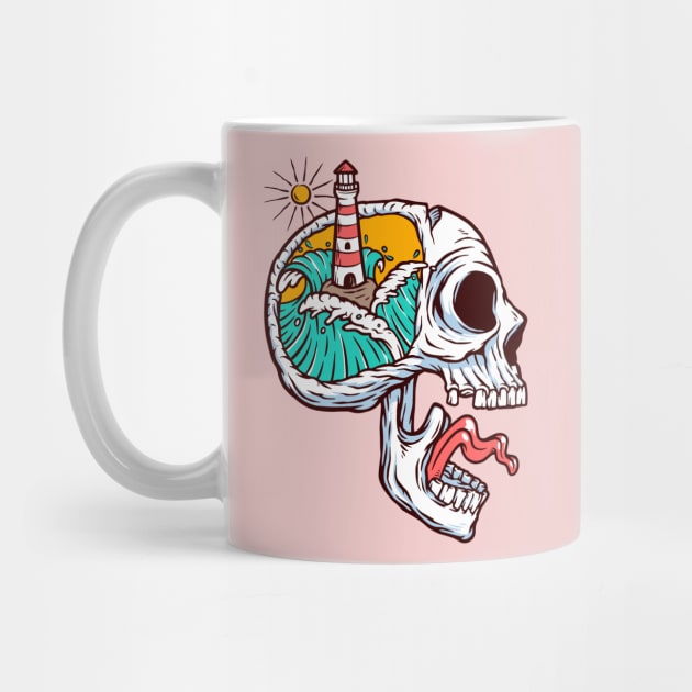 lighthouse and ocean in skull mind by sharukhdesign